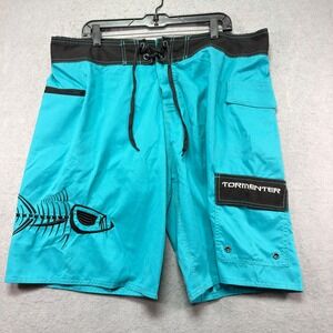 Tormenter Mens Turquoise Black Fish Skeleton Board Shorts Size 40 Fishing Surf
